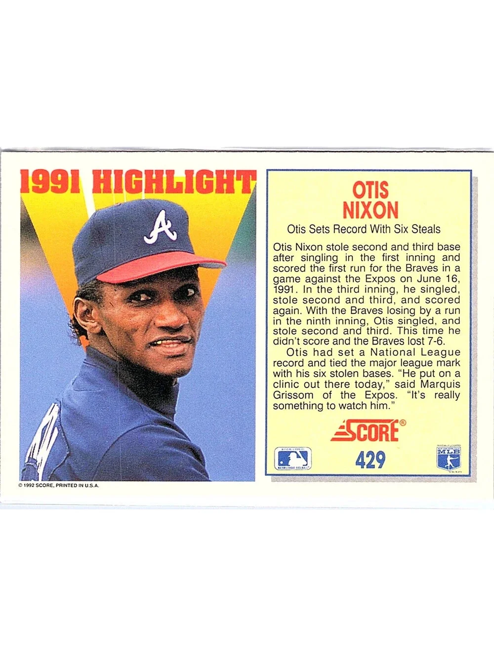 Otis Nixon 429 1992 Score Highlight Autographed NM Sports Card